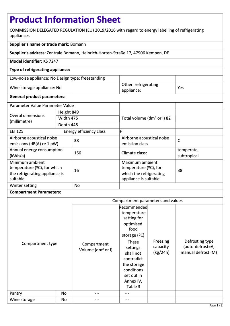 Page 1 of the manual Technical Sheet Bomann KS 7247