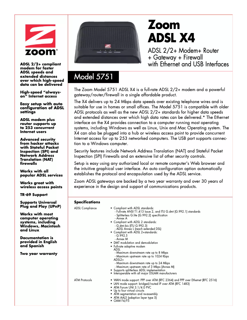 Page 1 of the manual User Manual Zoom ADSL X4