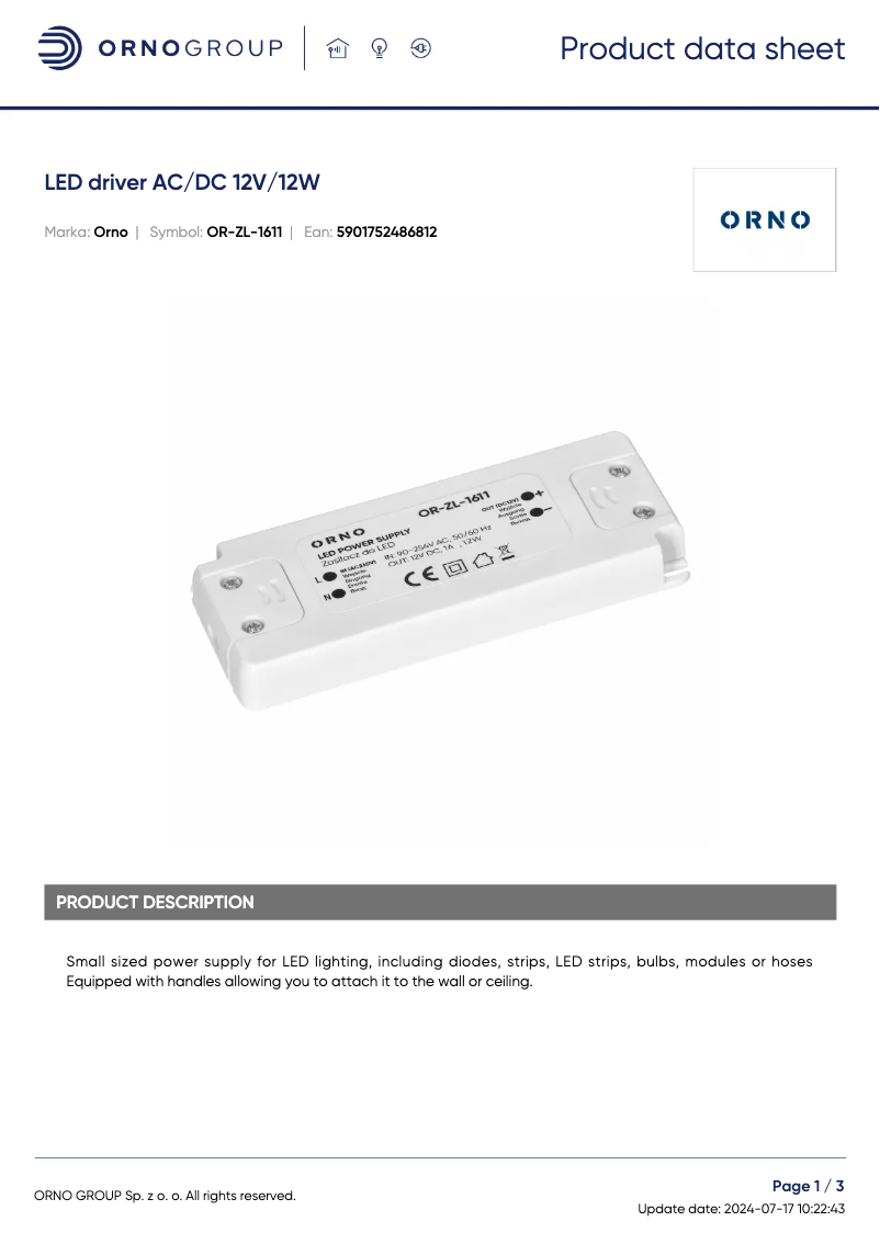 Page 1 de la notice Fiche technique ORNO OR-ZL-1611