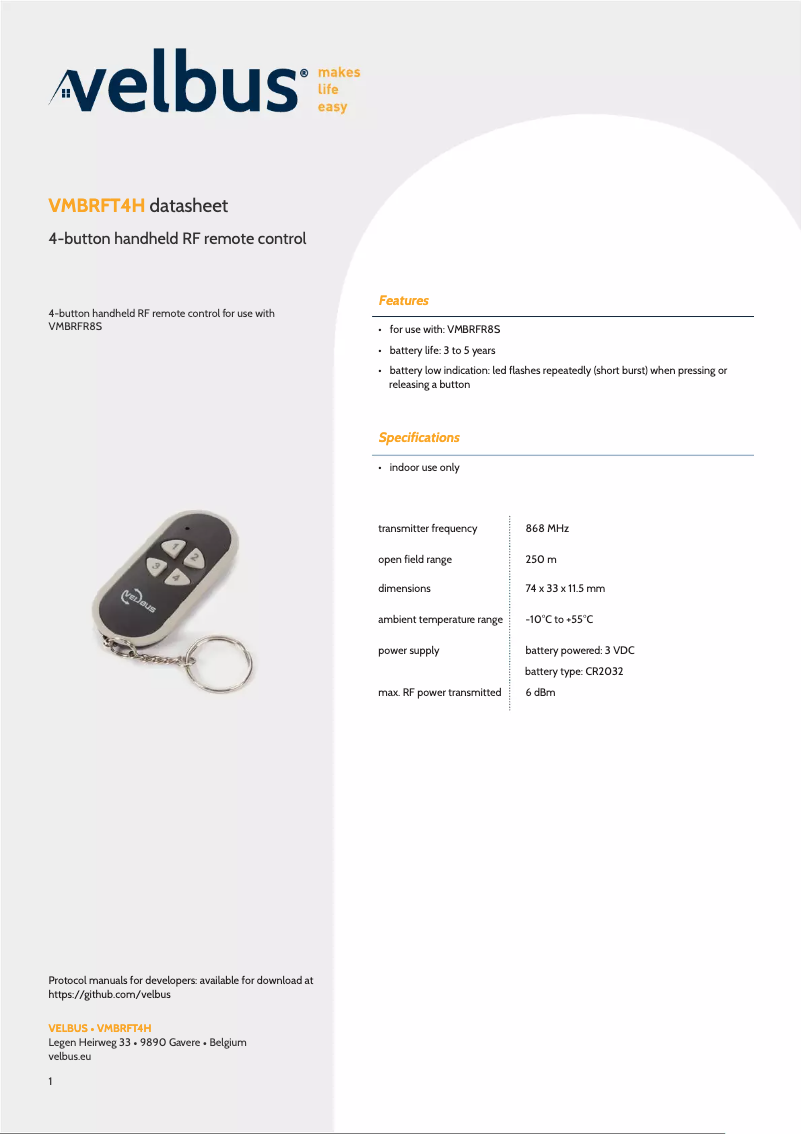 Page 1 of the manual Technical Sheet Velbus VMBRFT4H