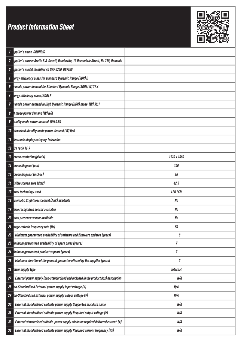 Page 1 of the manual Technical Sheet Grundig 40 GHF 5200