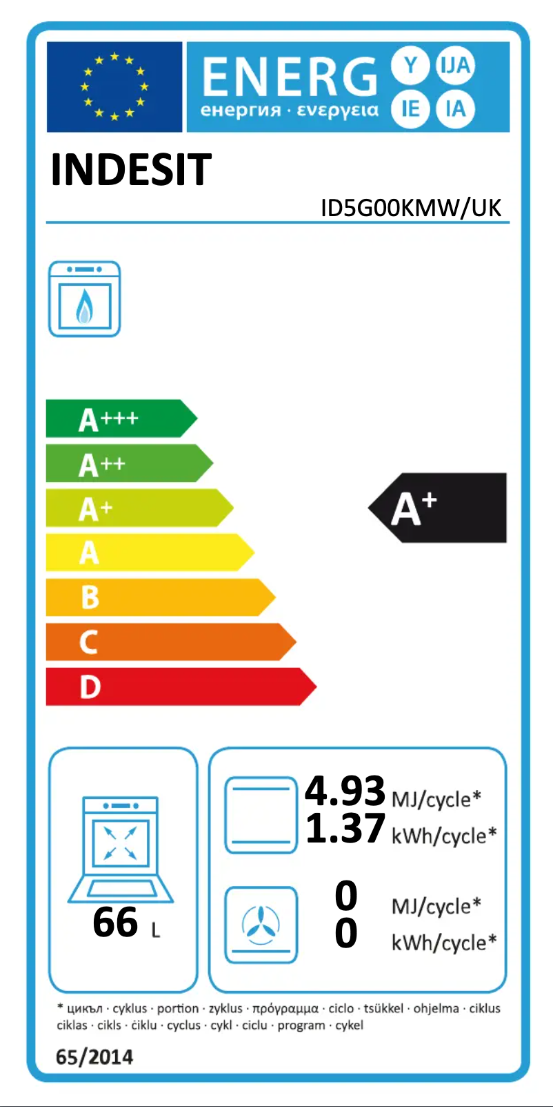 Page 1 of the manual Energy Label Indesit ID5G00KMW/UK
