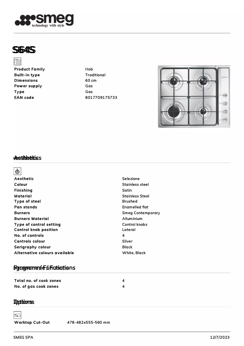 Page 1 of the manual Technical Sheet Smeg S64S