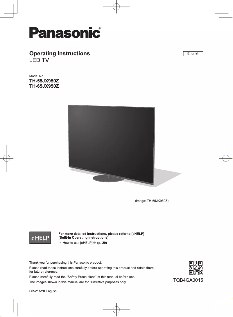 First page image of the manual for TH-65JX950Z