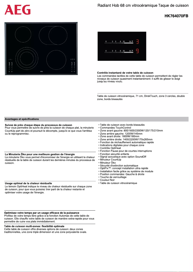 Page 1 of the manual Technical Sheet AEG HK764070FB