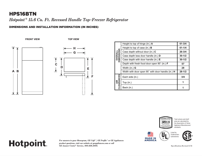 Page 1 of the manual Technical Sheet Hotpoint HPS16BTNLWW