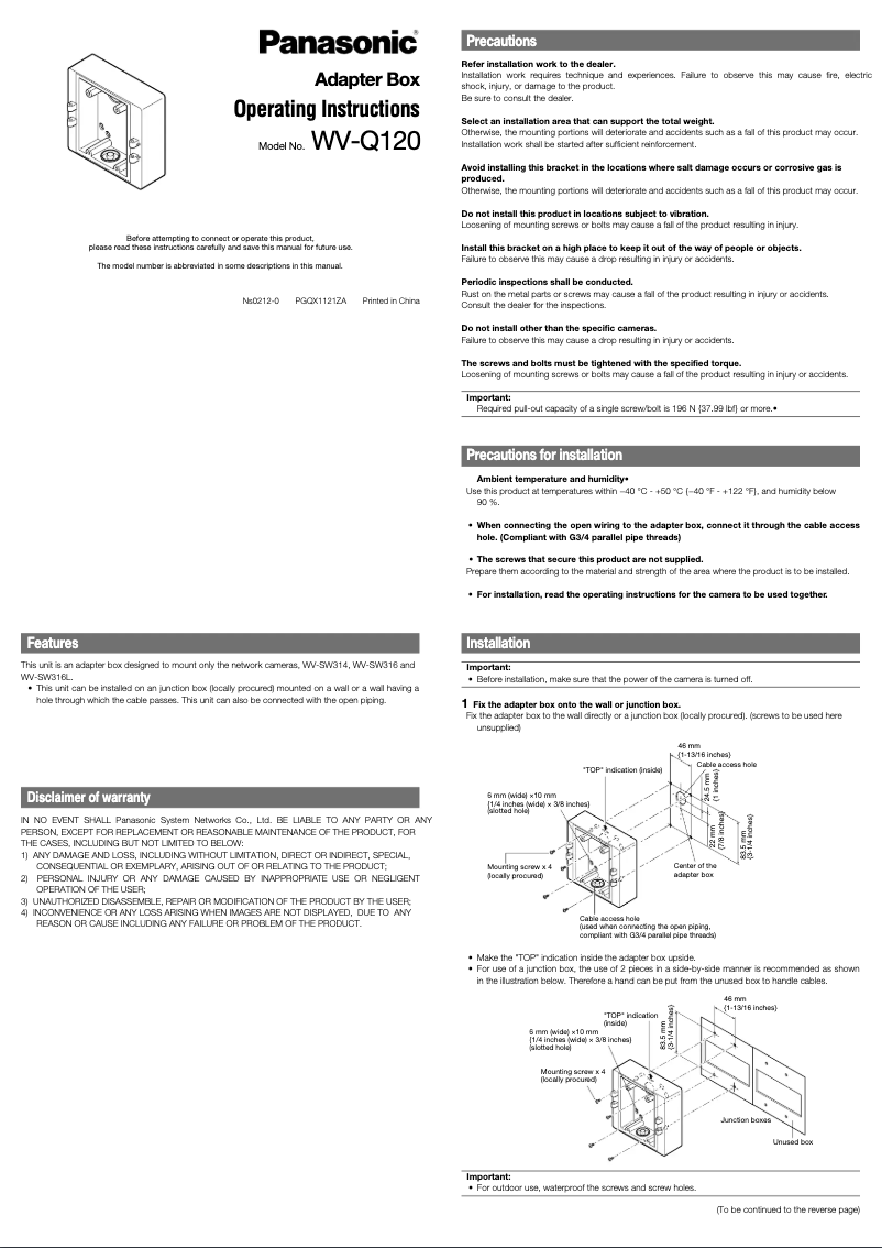 Page 1 of the manual User Manual Panasonic WV-Q120