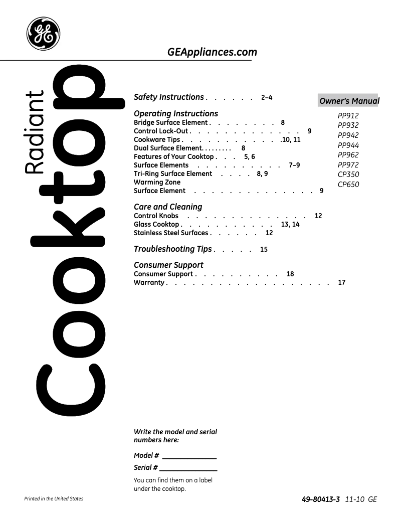 First page image of the manual for Profile PP962TMWW