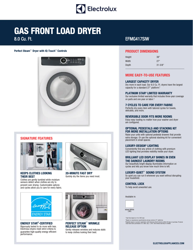 Page 1 of the manual Technical Sheet Electrolux EFMG417S