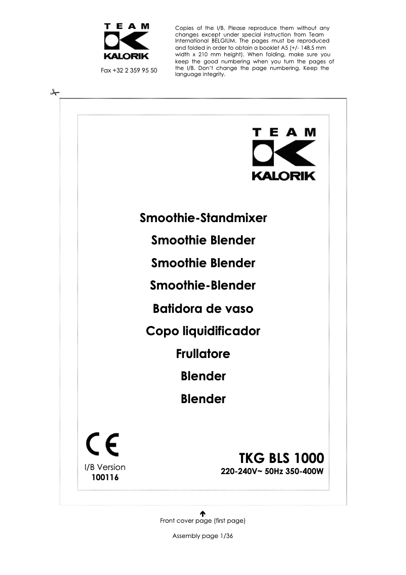 Page 1 of the manual User Manual Kalorik TKG BLS 1000