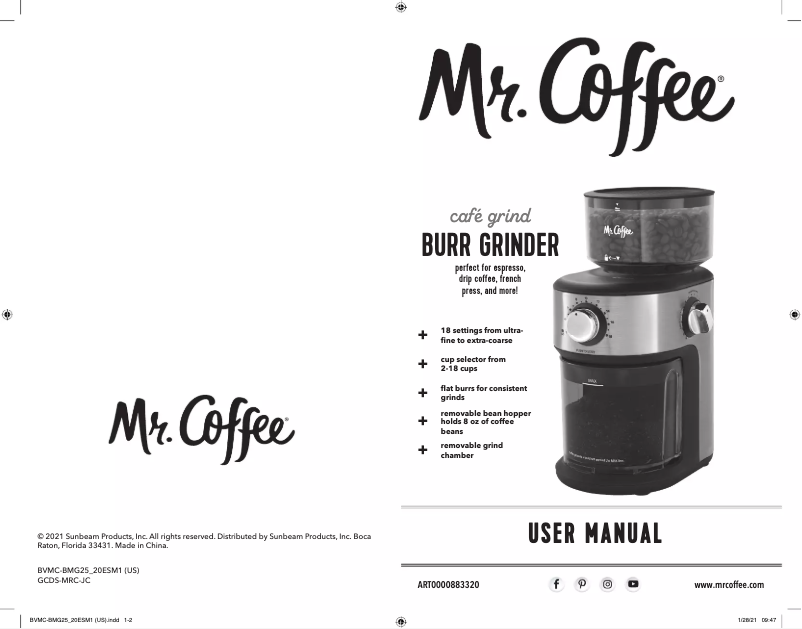 Page 1 of the manual User Manual Mr. Coffee Cafe Grind 18 Cup
