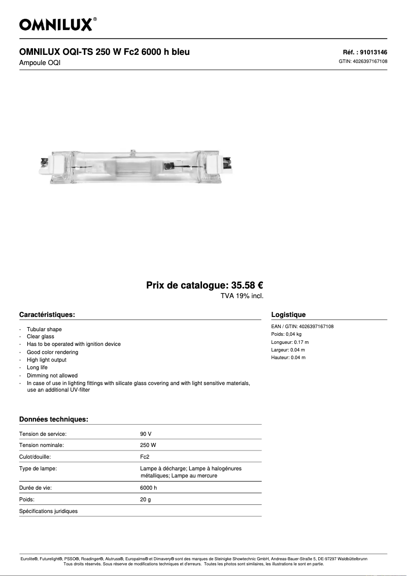 Page 1 of the manual Technical Sheet Omnilux OQI-TS 250 W