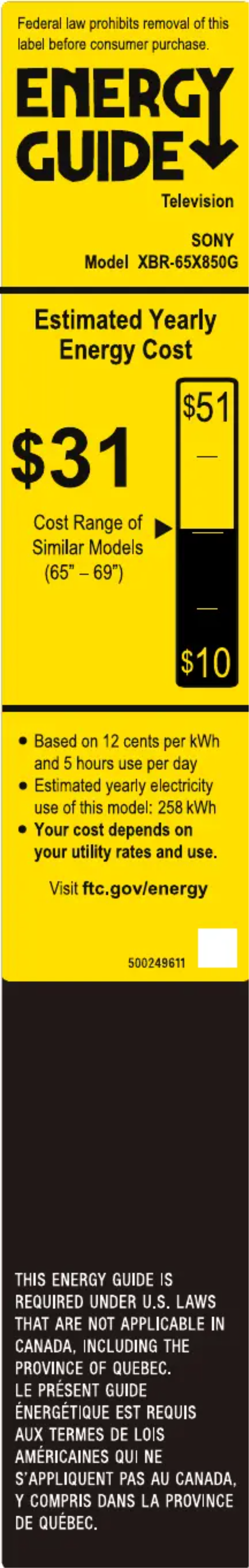 Page 1 of the manual Energy Label Sony XBR65X850G