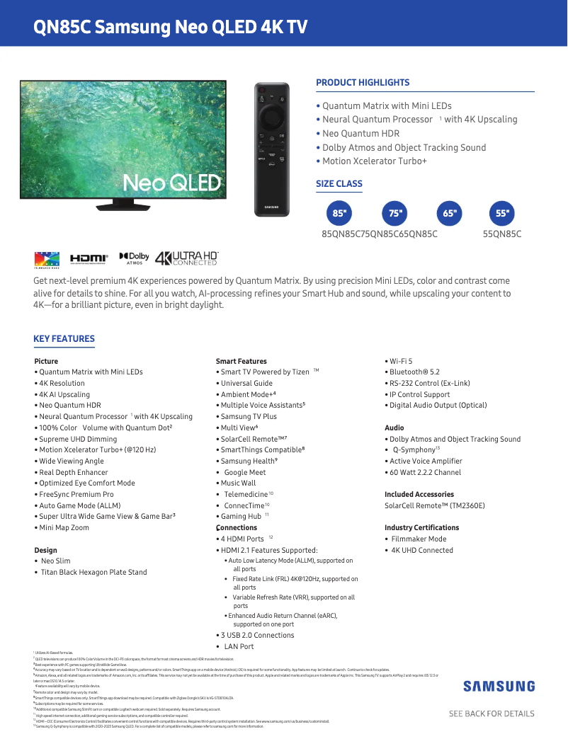 Page 1 of the manual Technical Sheet Samsung QN65QN85CAF