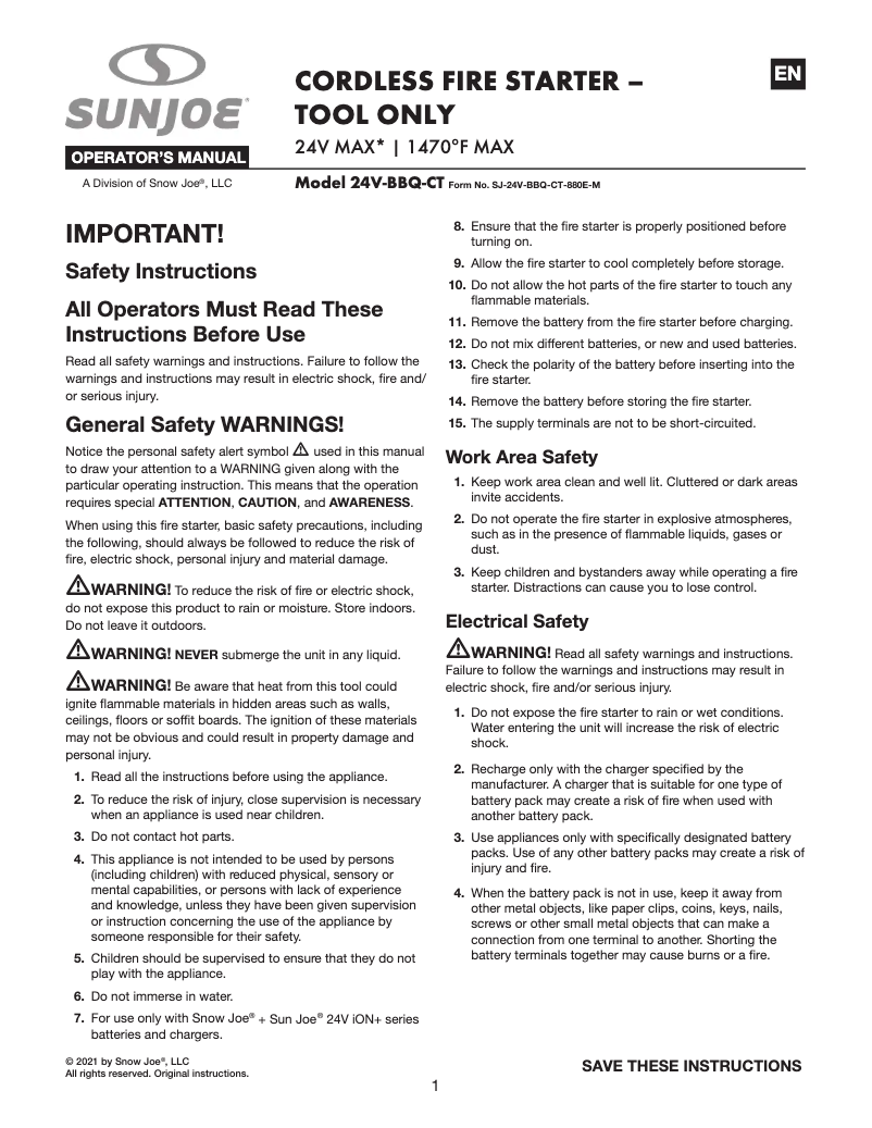 Page 1 de la notice Manuel utilisateur Sun Joe 24V-BBQ-CT