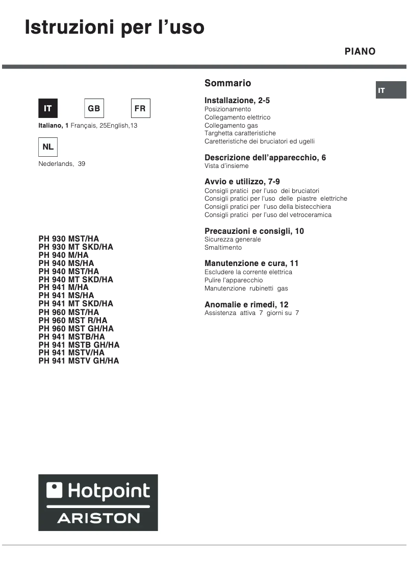 Page 1 of the manual User Manual Hotpoint PH 940MS (IX)/HA