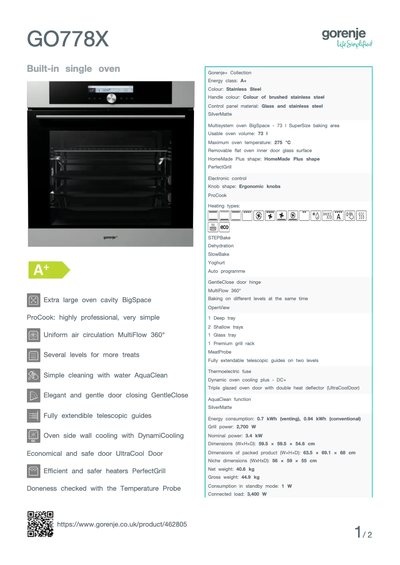 Page 1 of the manual Technical Sheet Gorenje GO778X
