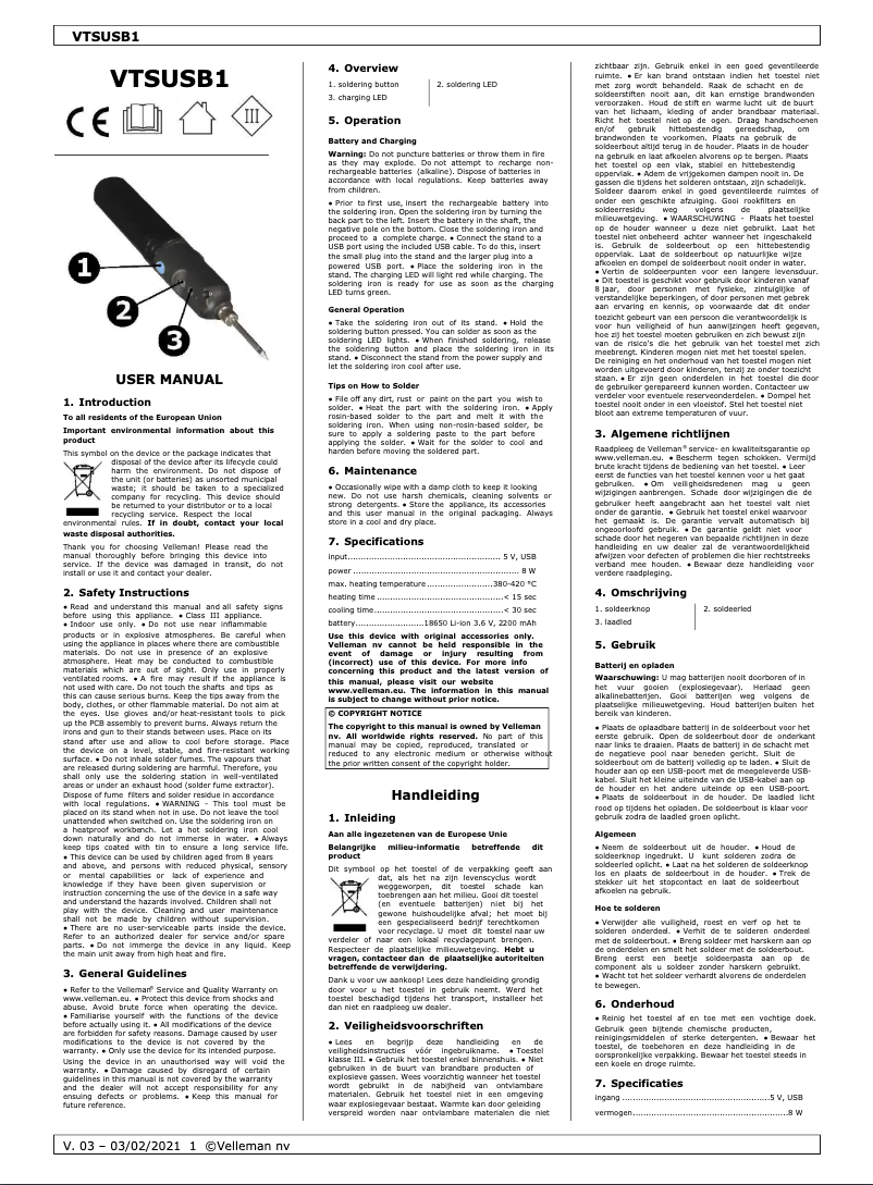 Page 1 of the manual User Manual Velleman VTSUSB1