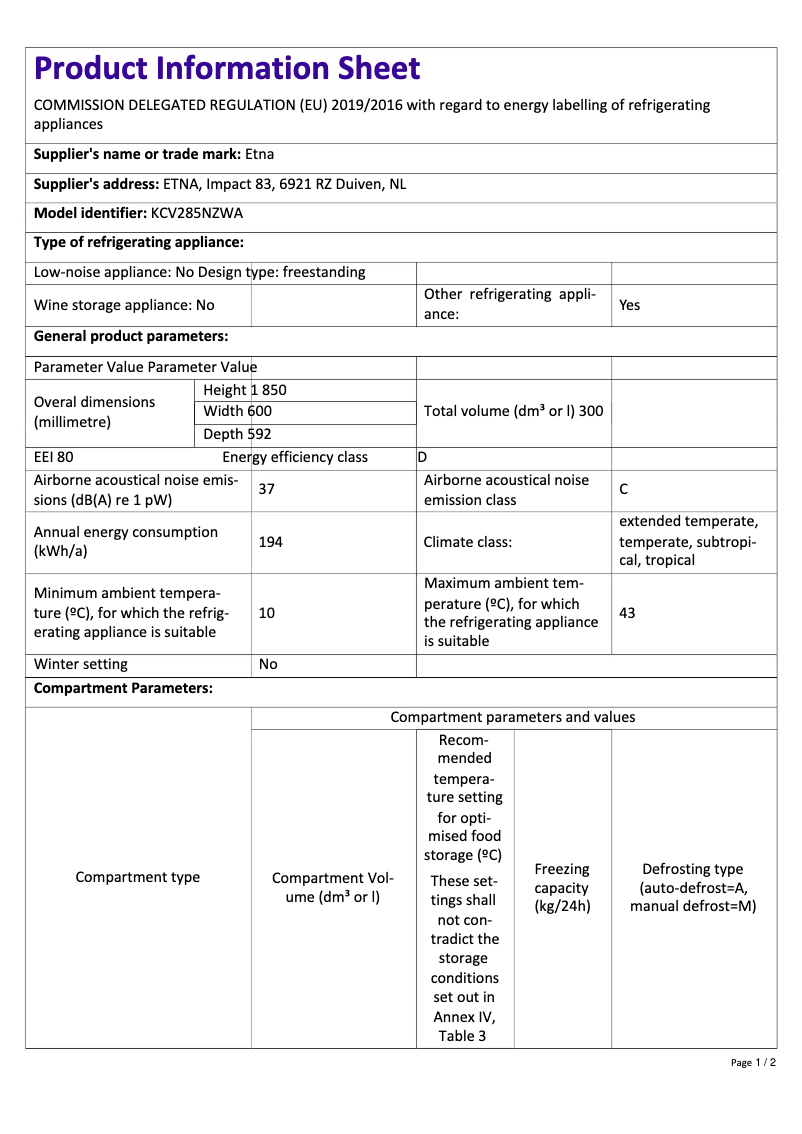 Page 1 of the manual Technical Sheet Etna KCV285NZWA