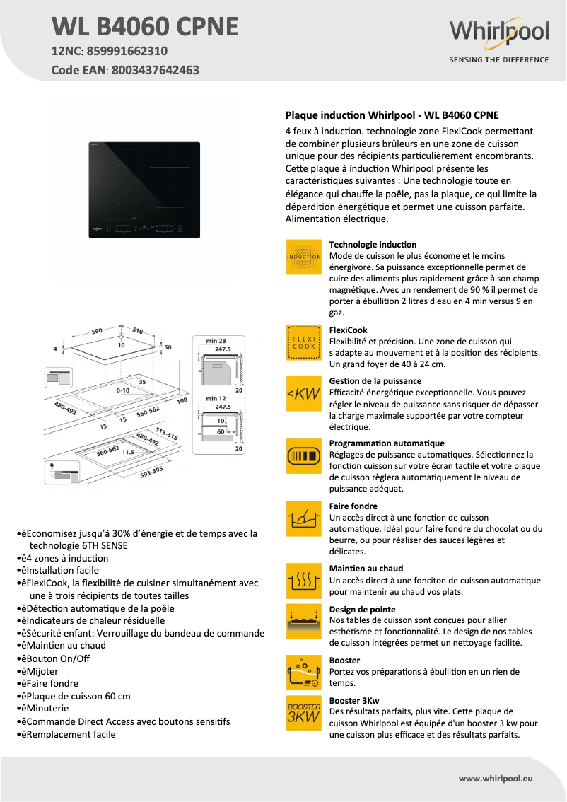 Page 1 de la notice Fiche technique Whirlpool WL B4060 CPNE