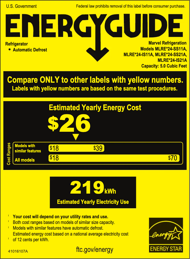 Page 1 of the manual Energy Label Marvel MLRE124IS11A