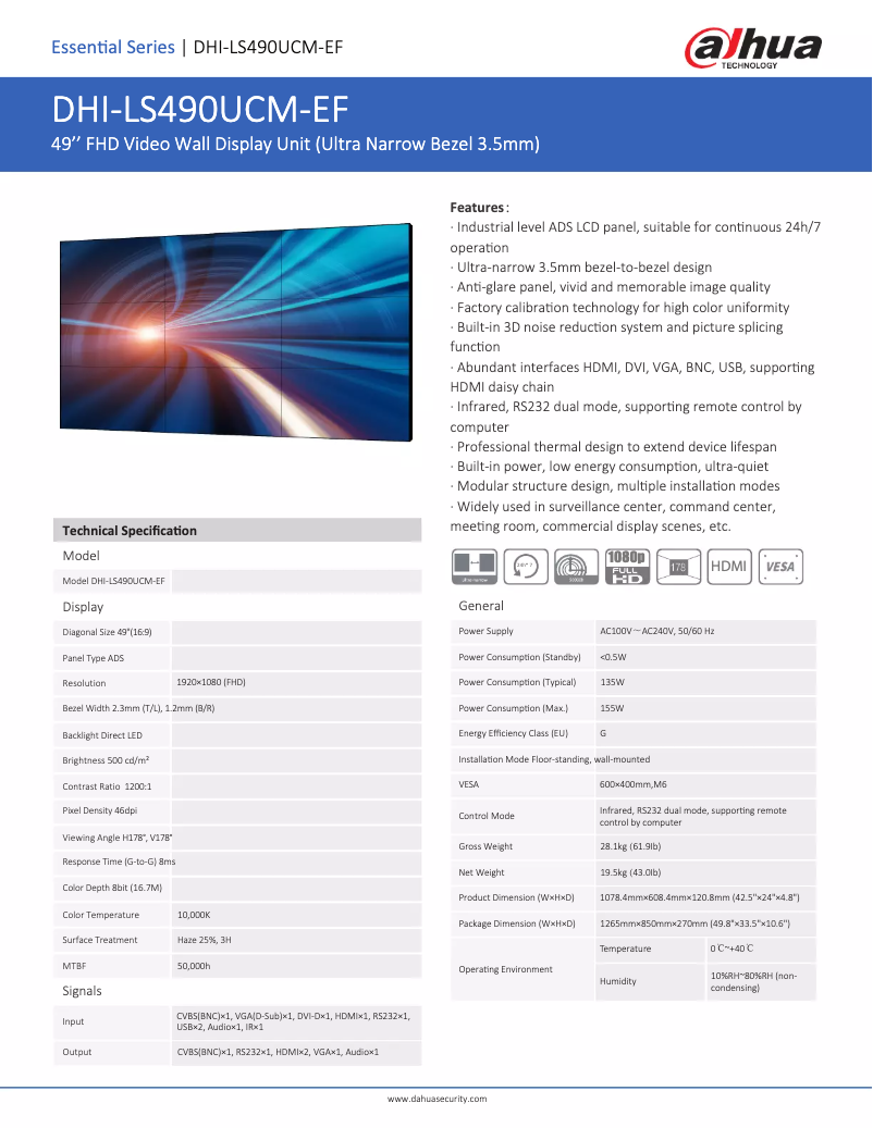 Page 1 of the manual Technical Sheet Dahua Technology LS490UCM-EF