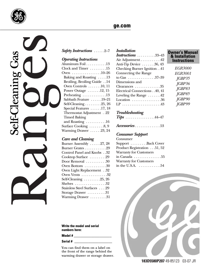 Page 1 of the manual User Manual GE Adora JGBP83WEJWW