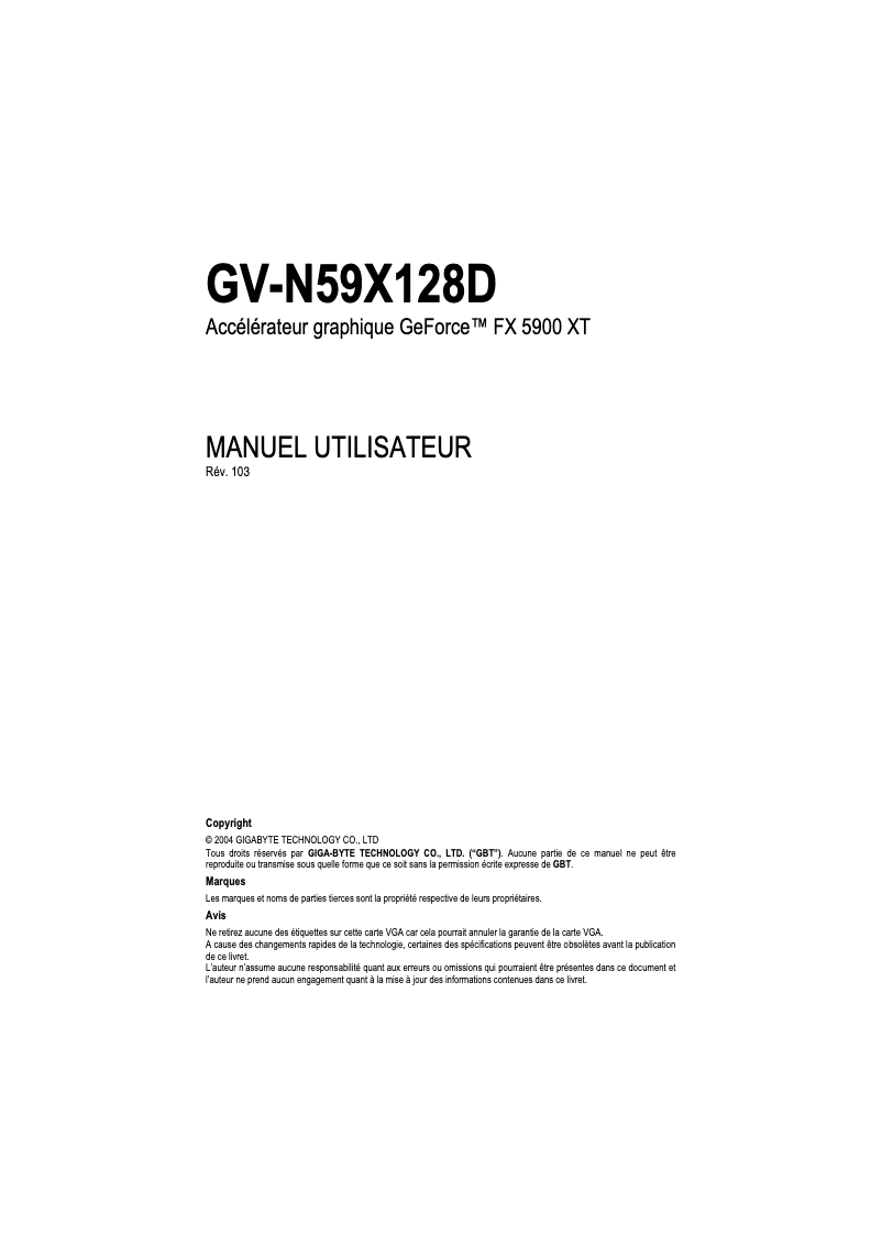 First page image of the manual for GV-N59X128D
