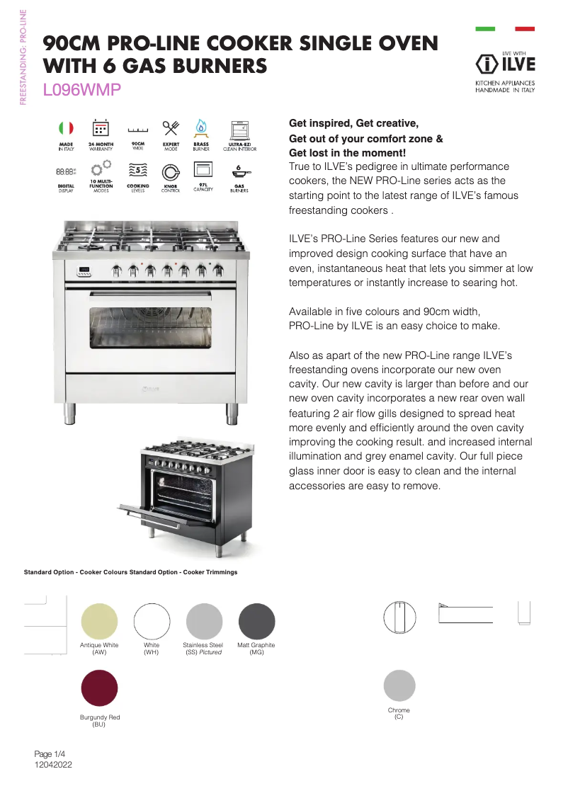 Page 1 of the manual Technical Sheet Ilve L096WMPWH