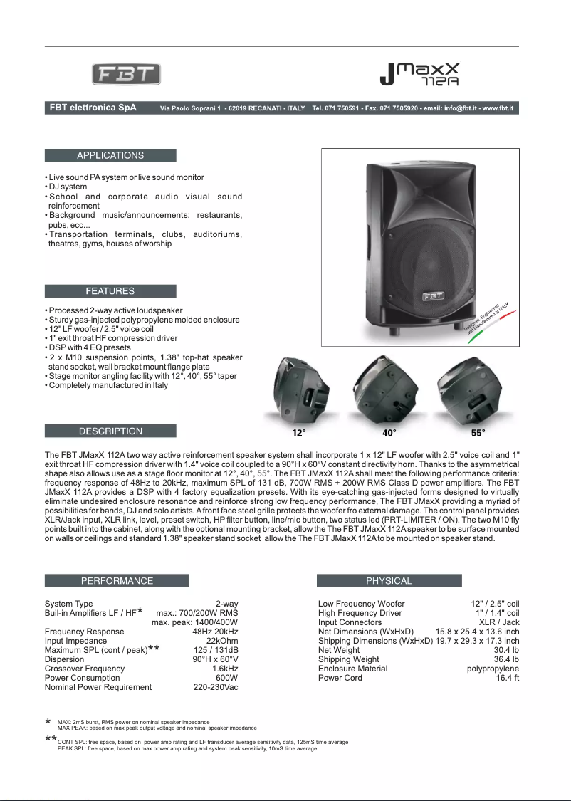 Page 1 of the manual Technical Sheet FBT J MaxX 112A