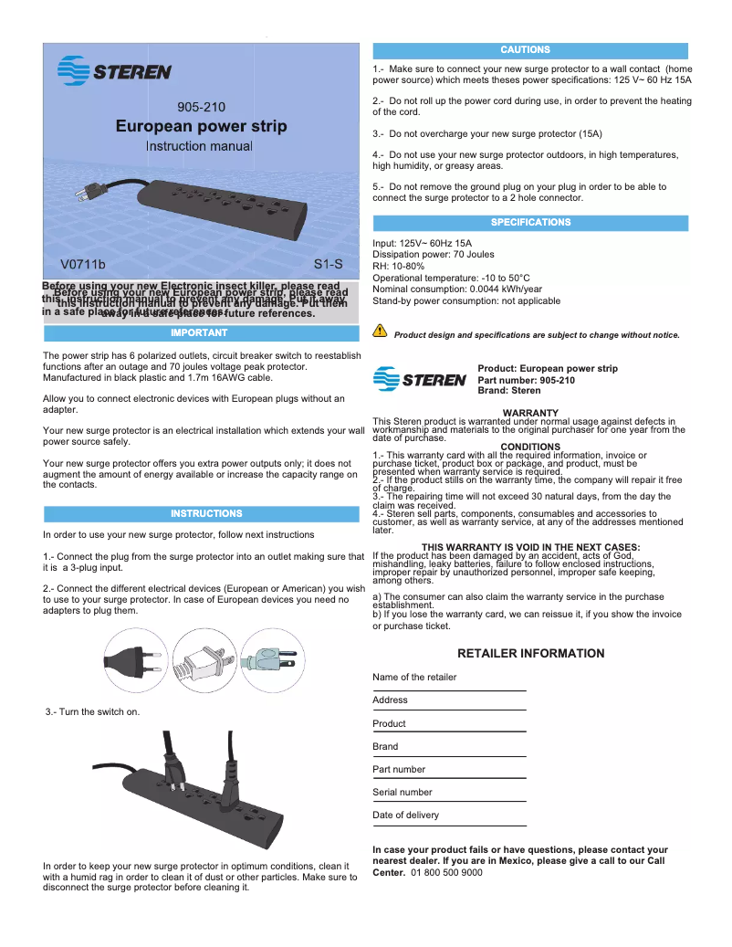 Page 1 of the manual User Manual Steren 905-210