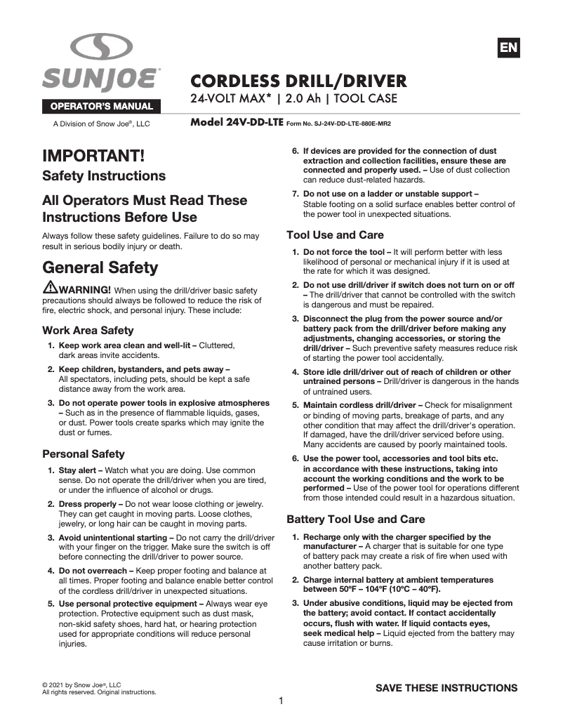 Page 1 of the manual User Manual Sun Joe 24V-DD-LTE