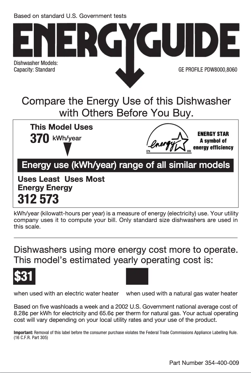 Page 1 of the manual Energy Label GE Profile PDW8000GBB