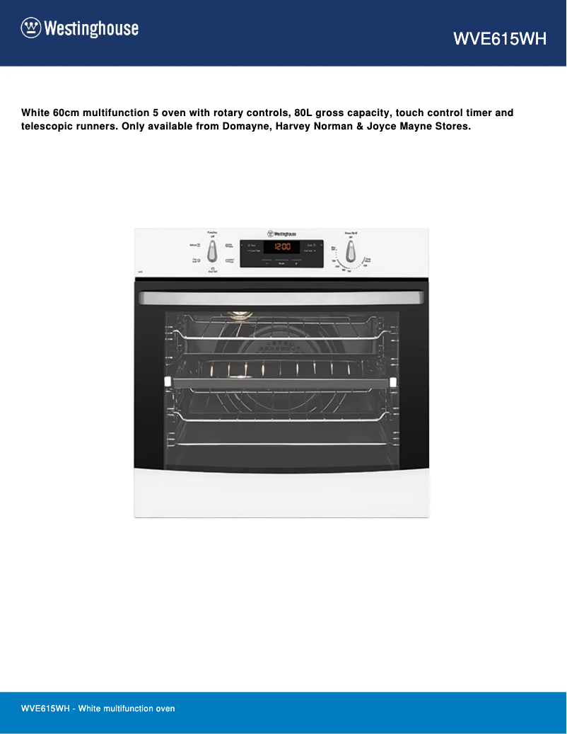 Page 1 of the manual Technical Sheet Westinghouse WVE615WH