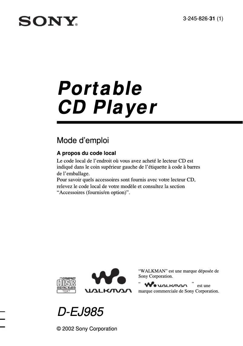 First page image of the manual for Walkman D-EJ985