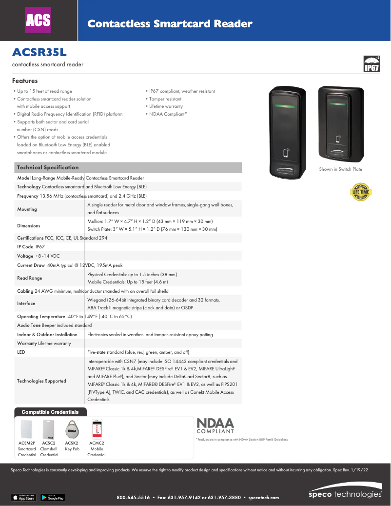 Page 1 of the manual Technical Sheet Speco Technologies ACSR35L