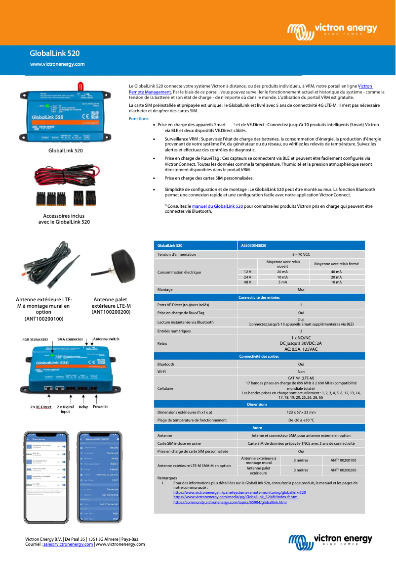 Page 1 of the manual Technical Sheet Victron Energy GlobalLink 520