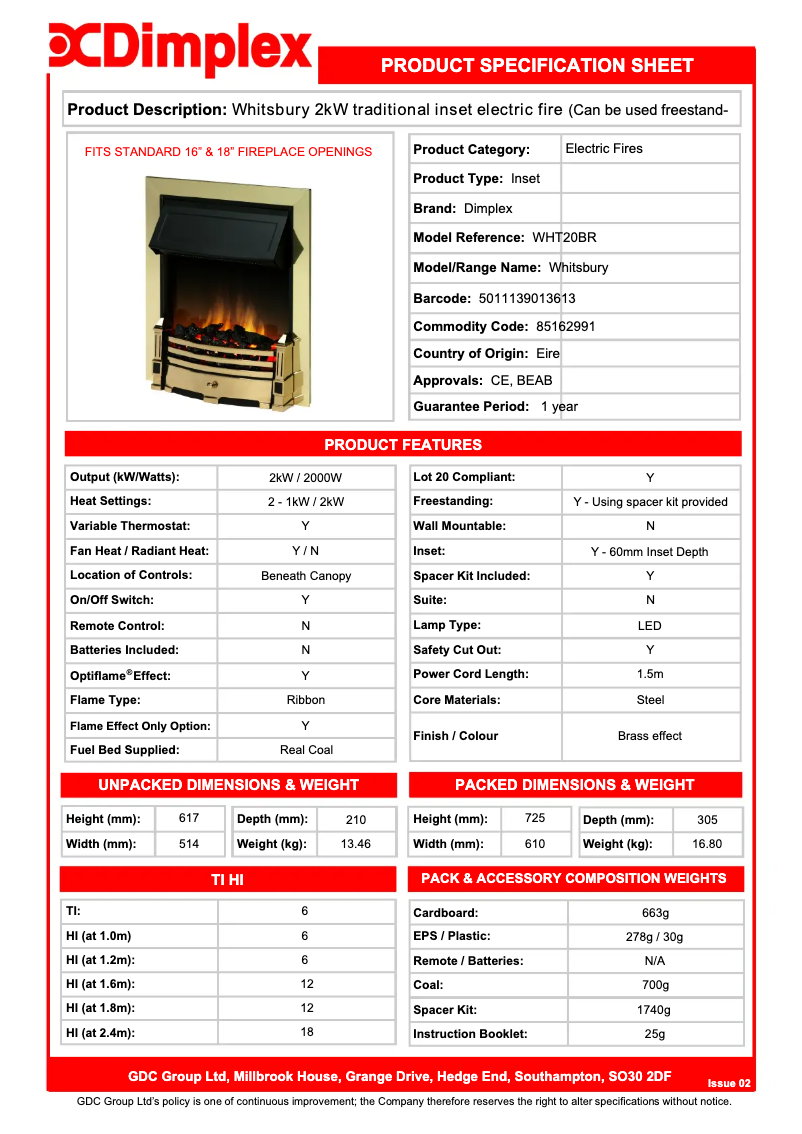 Page 1 of the manual Technical Sheet Dimplex WHT20BR