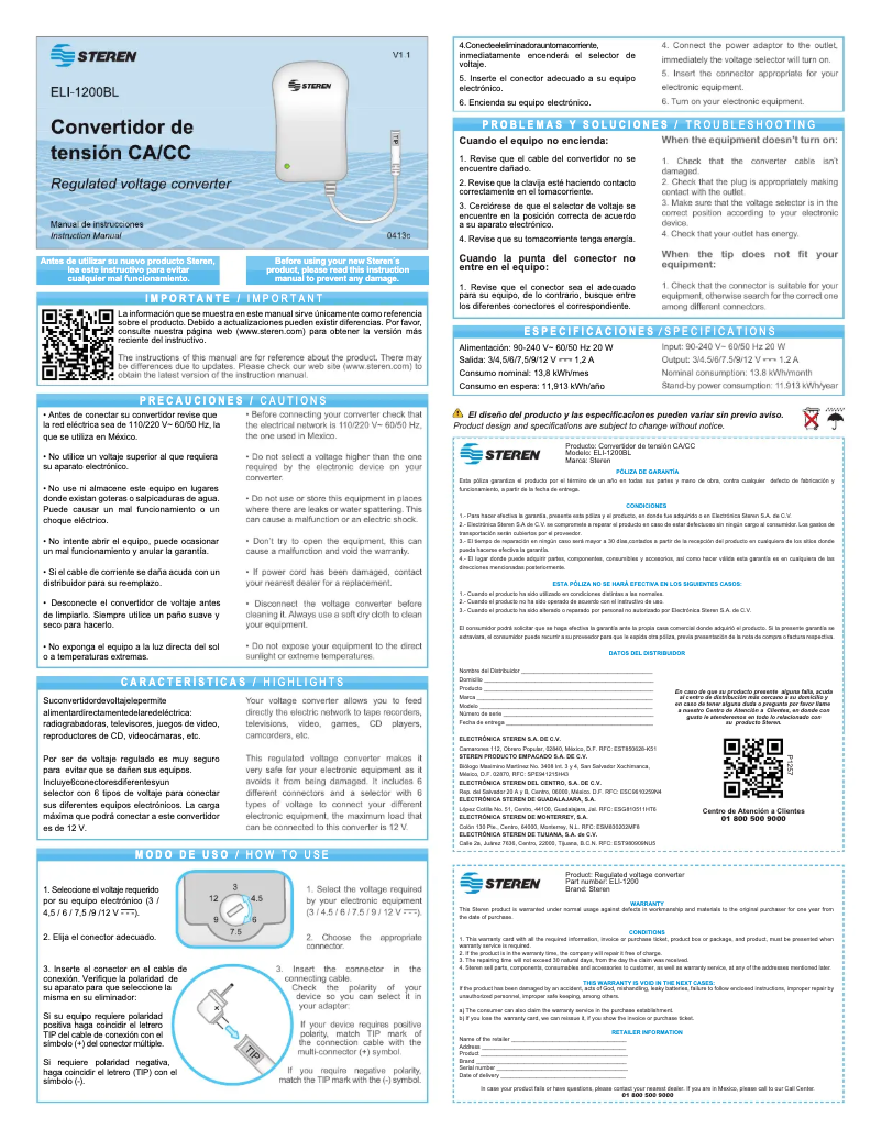 First page image of the manual for ELI-1200BL