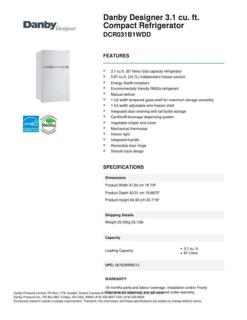 First page image of the manual for DCR031B1WDD