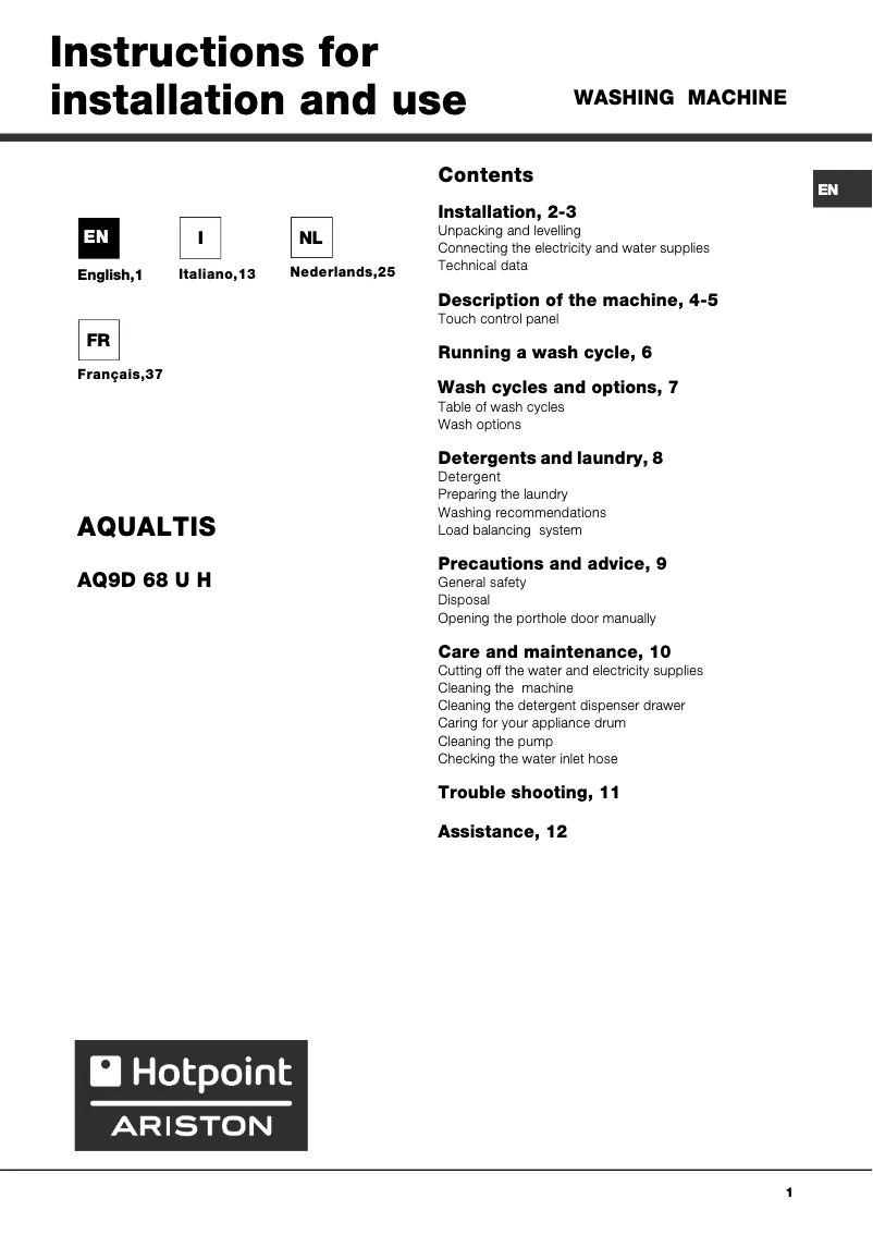 Page 1 of the manual User Manual Hotpoint Ariston Aqualtis AQ9D 68 UH