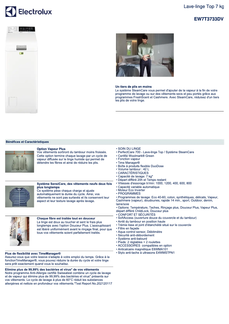 Page 1 of the manual Technical Sheet Electrolux EW7T3733DV