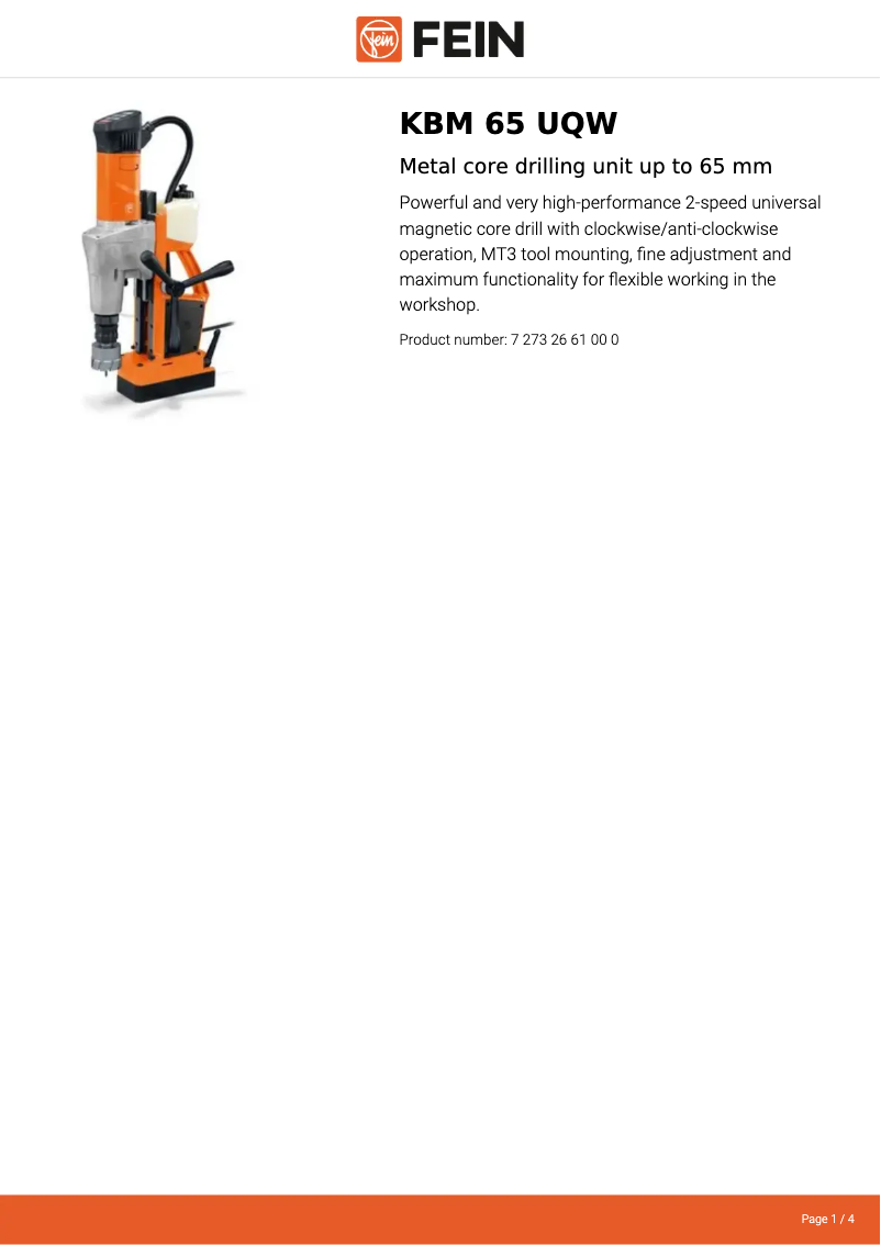 Page 1 of the manual Technical Sheet Fein KBM 65 UQW