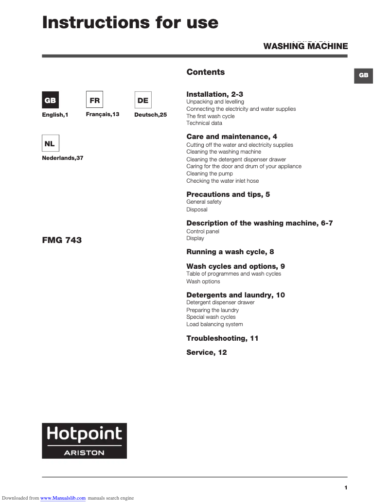 Page 1 of the manual User Manual Hotpoint Ariston FMG 743 B