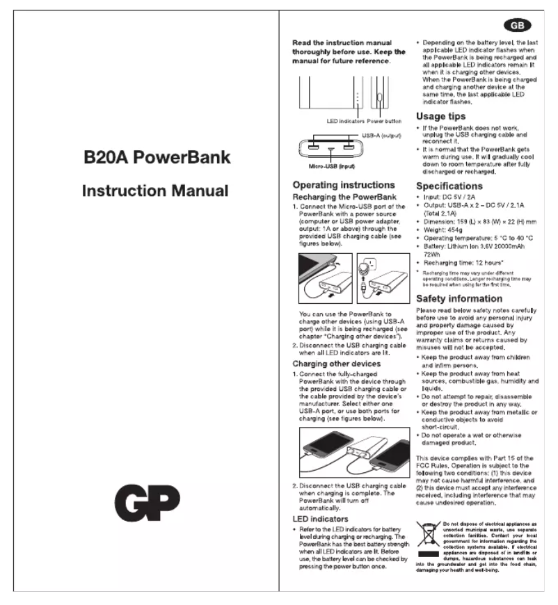 First page image of the manual for Portable PowerBank B20A