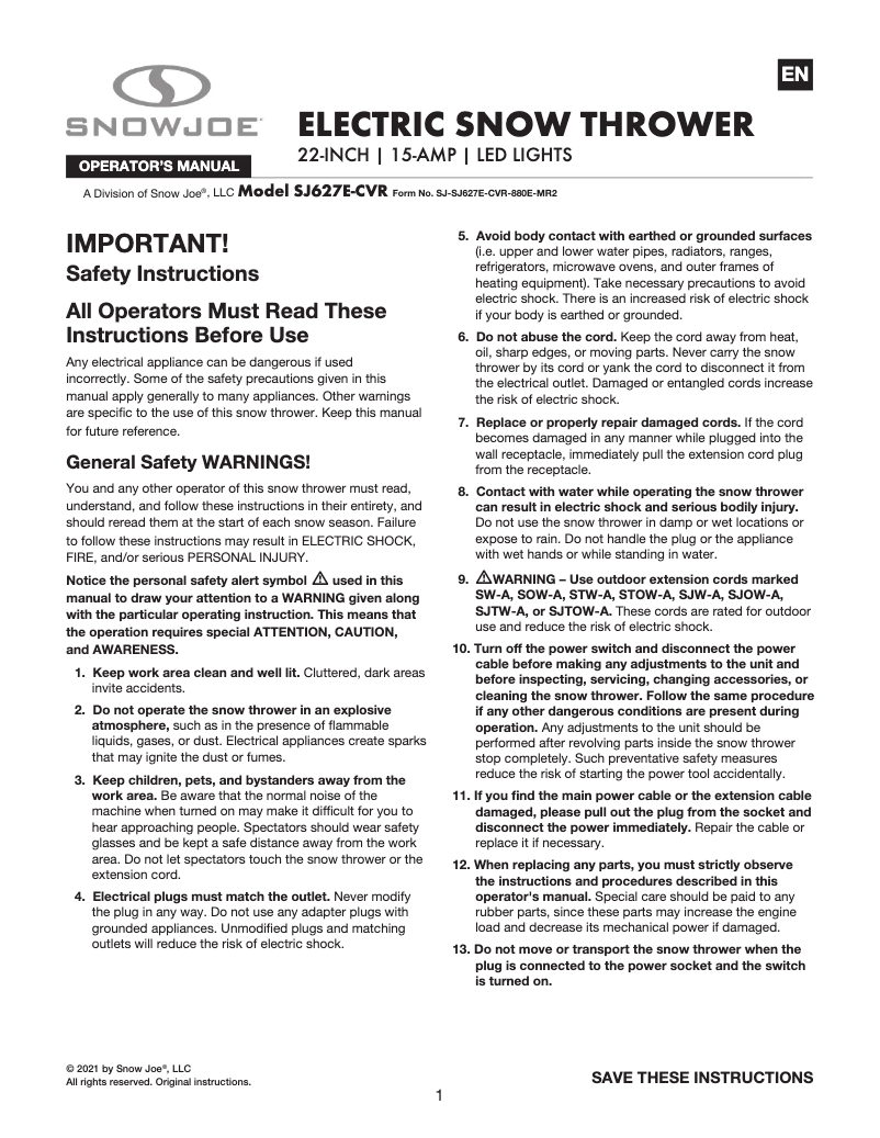 Page 1 of the manual User Manual Snow Joe SJ627E-CVR