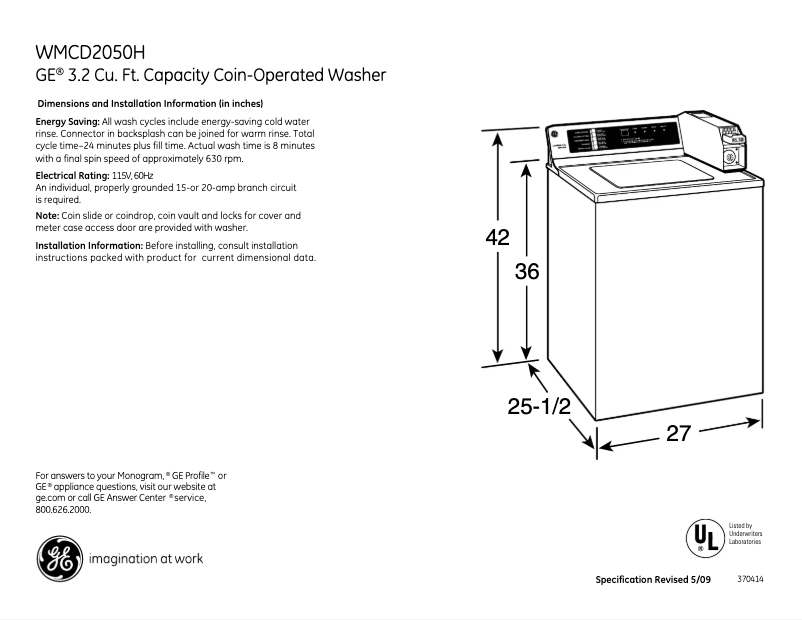 Page 1 of the manual Technical Sheet GE WMCD2050HWC