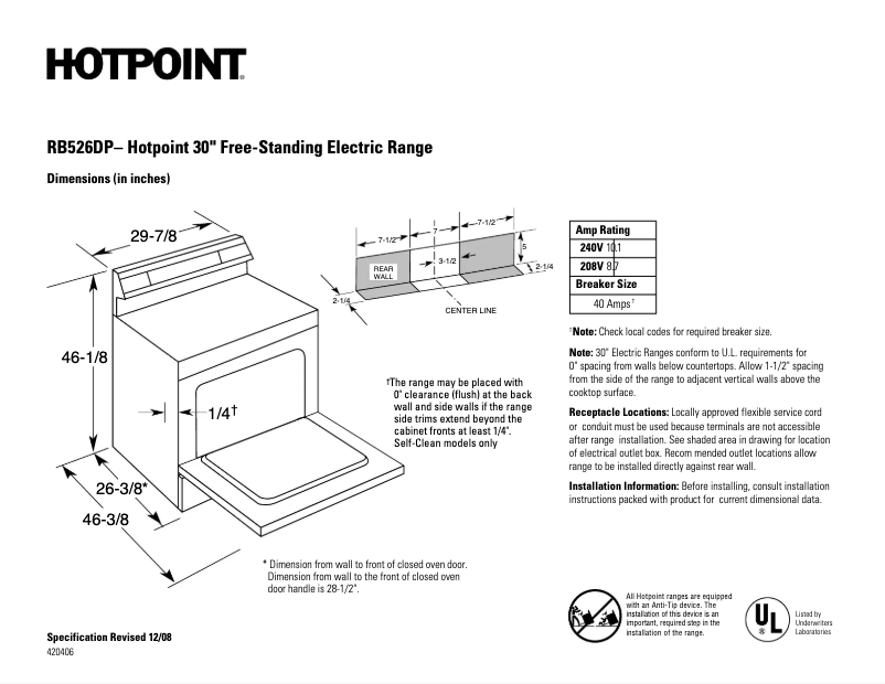 Page 1 of the manual Technical Sheet Hotpoint RB526DPWW