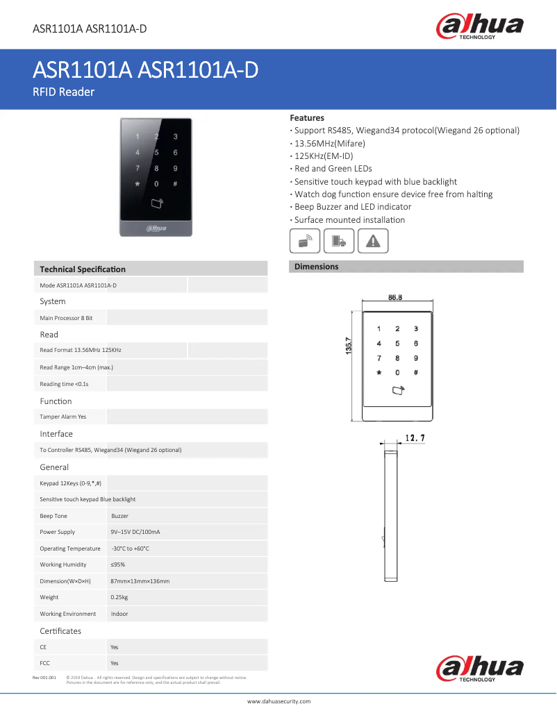 Page 1 of the manual Technical Sheet Dahua Technology ASR1101A-D