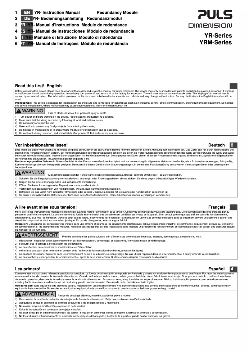 Page 1 of the manual User Manual Puls Dimension YR40.482